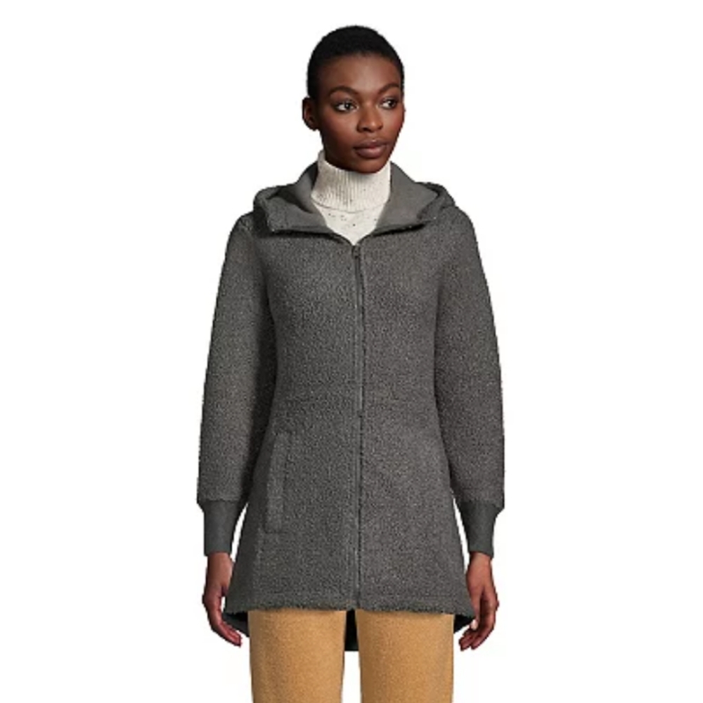 🆕 Lands' End | Cozy Boucle Fleece Coat with Hood Charcoal Grey Size Medium